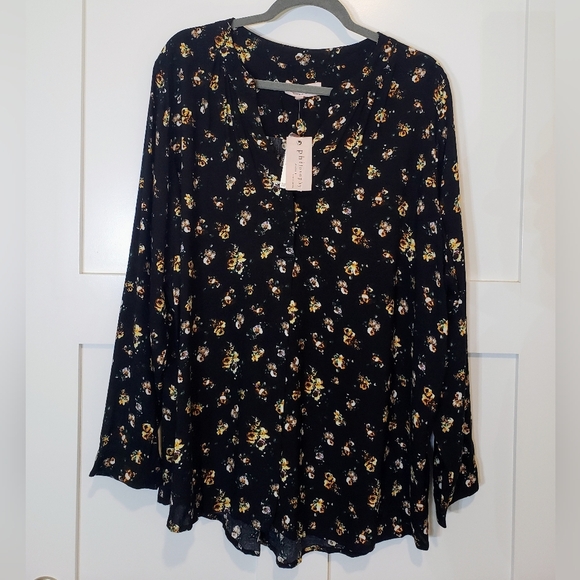 Philosophy Tops - Philosophy Woman Viscose Floral Print Blouse Black Yellow White Size 3X